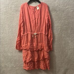 OshKosh B'gosh Peachy Coral & Gold Polka Dot Ruffled Tiered Bishop Sleeve Dress